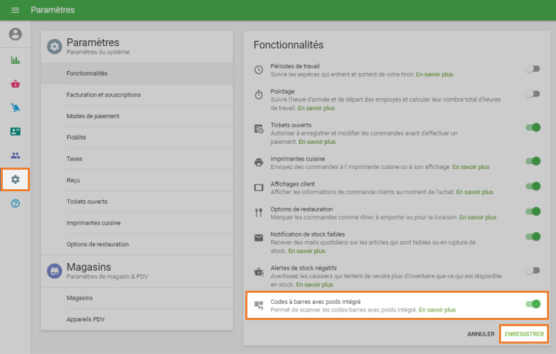 paramètre 'Codes-Barres avec poids intégré'