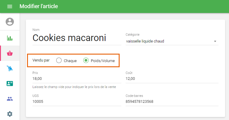 l'option 'vendu au poids'