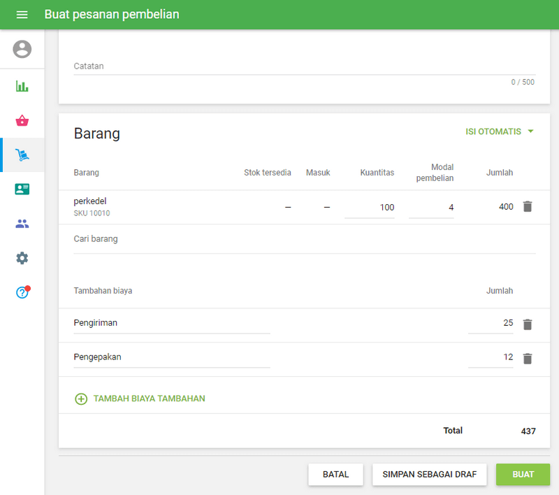 'Biaya tambahan' dan ‘Jumlah’