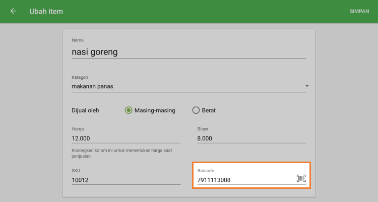 Cari kolom 'Barcode'