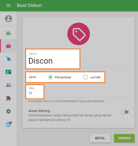 Nama, jenis dan jumlah diskon