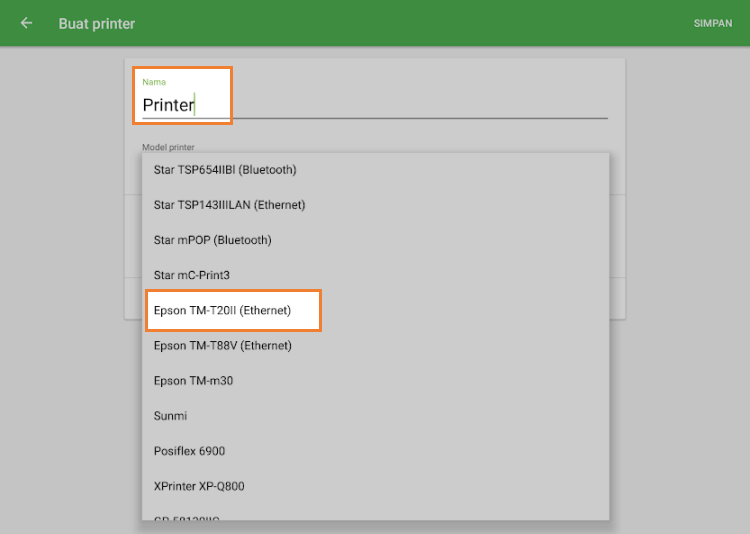 Nama dan model printer