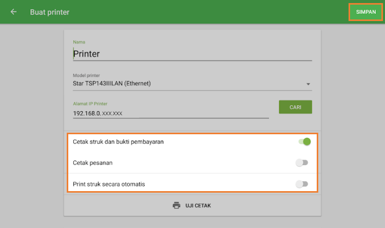 Pilih pengaturan printer