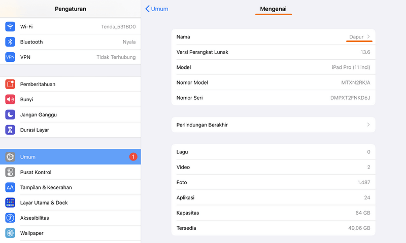 nama perangkat di iPad