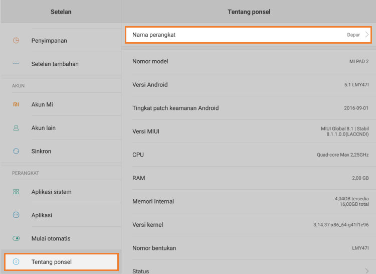 nama perangkat di tablet Android