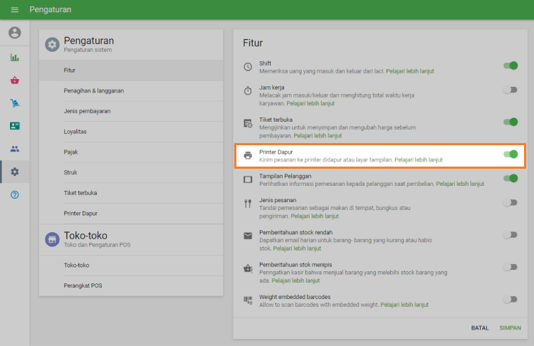 aktifkan Use Kitchen Printers