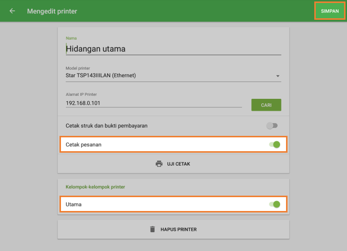 Nyalakan 'Cetak pesanan', pilih grup printer