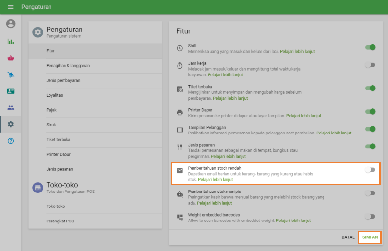 Pilihan 'Pemberitahuan stok rendah'