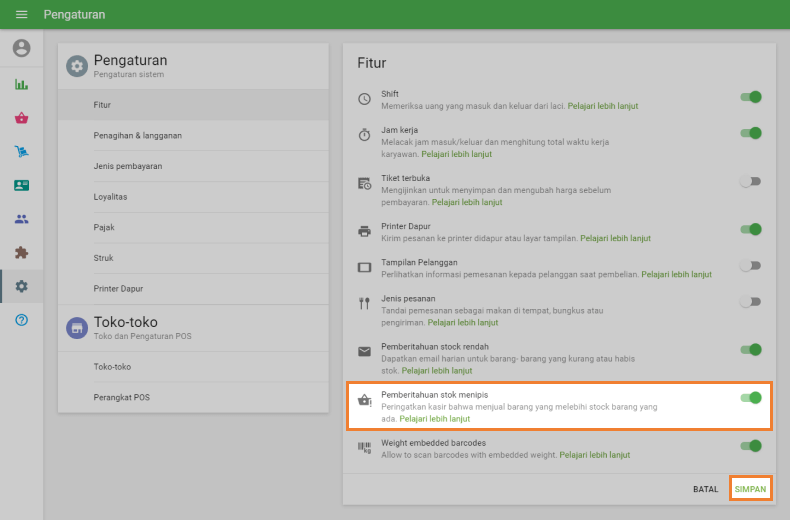 bagian 'Pemberitahuan stok menipis'