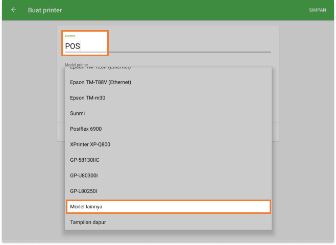 'Printer nama', 'Printer model'