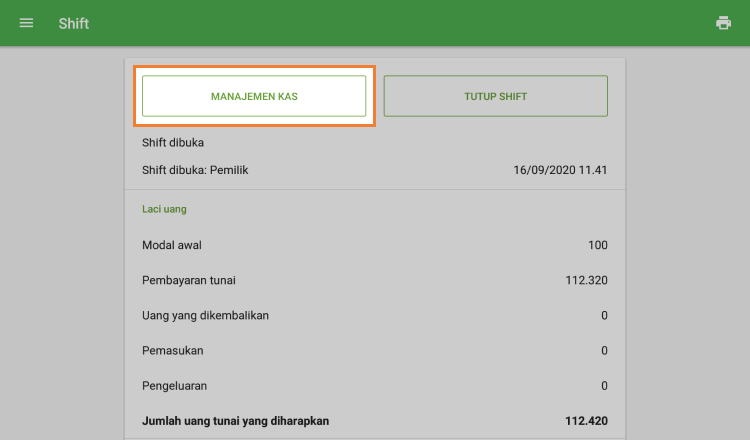 tombol 'Manajemen kas'