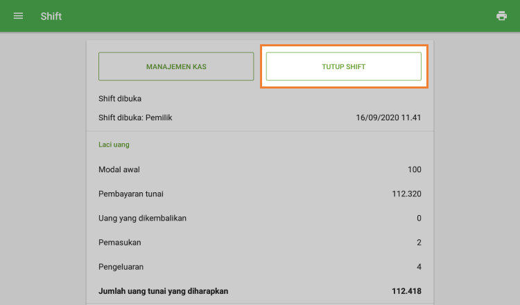 tombol 'Tutup shift'