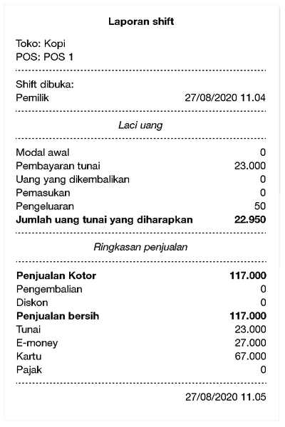 Mencetak laporan shift tertutup