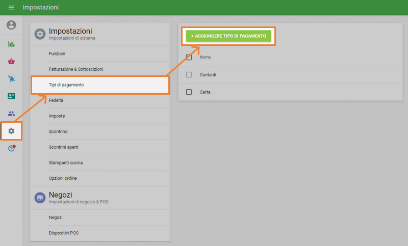 pulsante 'Aggiungere tipo di pagamento'