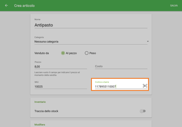 inserisci o scansiona il codice a barre nel campo Codice a barre