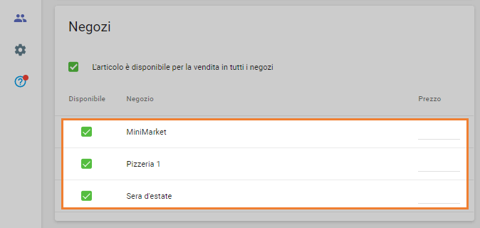 parametri articolo per ciascun negozio