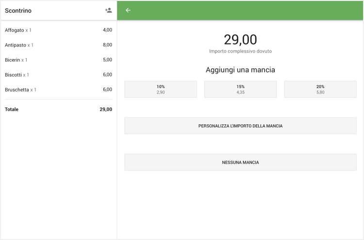 schermata di selezione delle mance