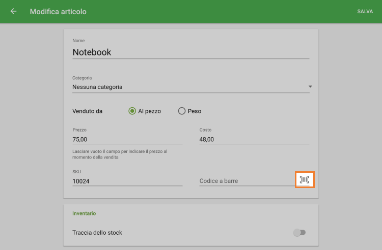 il pulsante di scansione accanto al campo Codice a barre