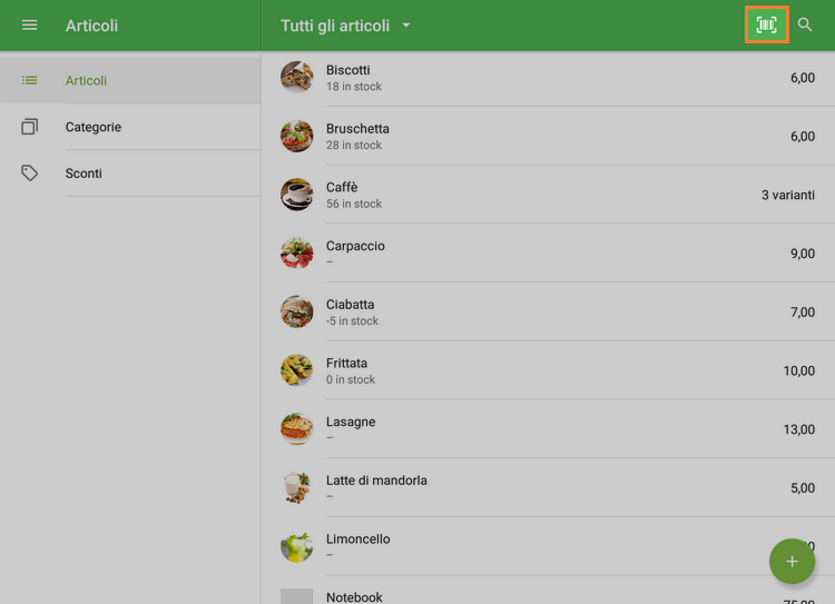 attivare la fotocamera integrata dall'elenco degli articoli