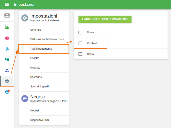 Tipo di pagamento 'Contanti'