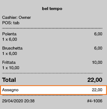 tipo di pagamento sulla ricevuta