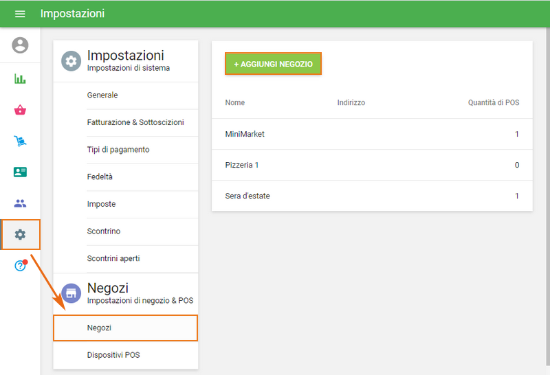 Impostazioni/Negozi/Aggiungi negozio