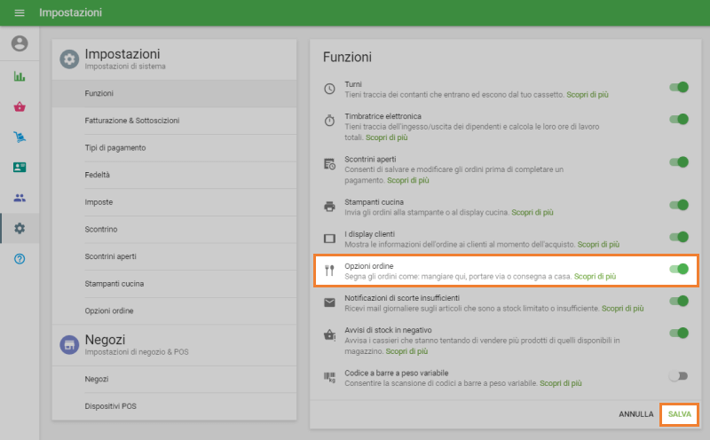 cursore 'Opzioni ordine'