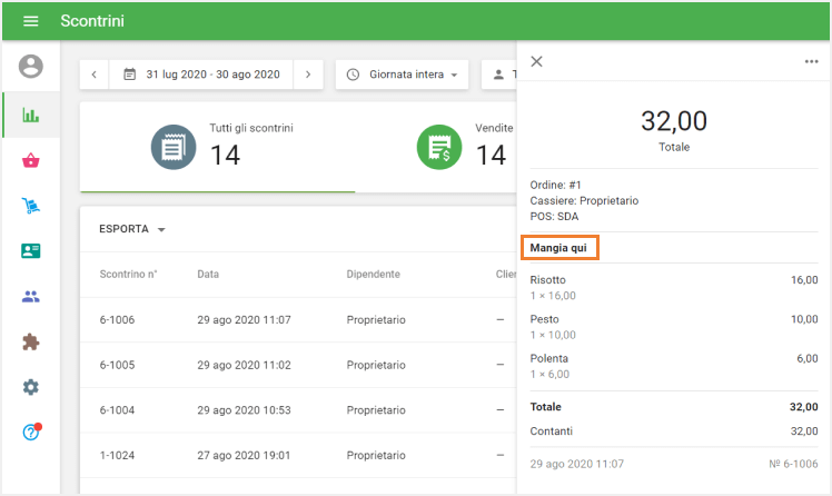 opzioni per la cena nelle ricevute nel Back Office