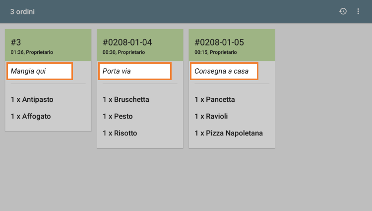 opzioni per la cena nell KDS