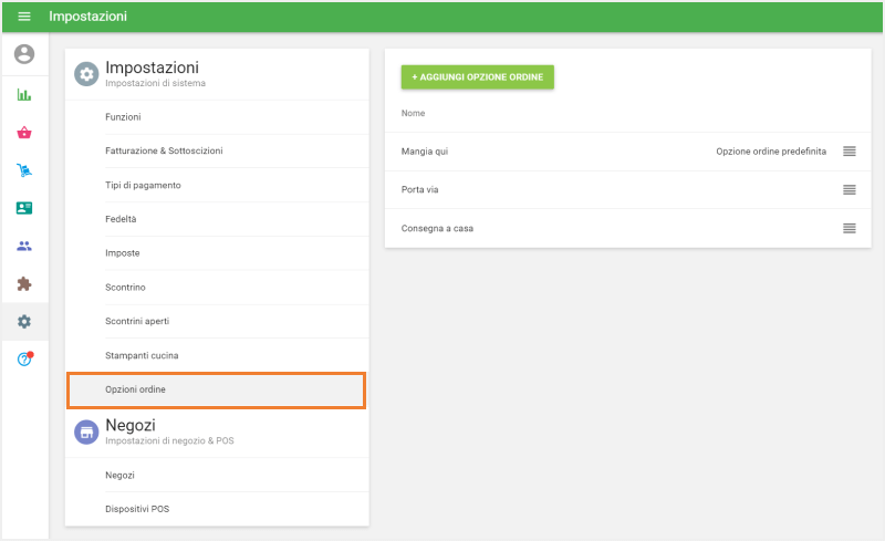 sezione 'Opzioni per la cena'