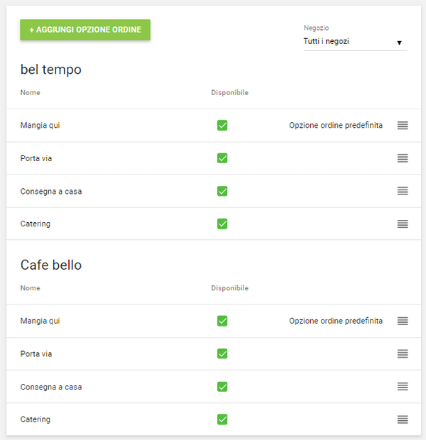 puoi gestire le opzioni per la cena per ogni negozio