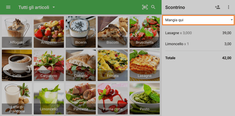 scontrino con l'opzione predefinita