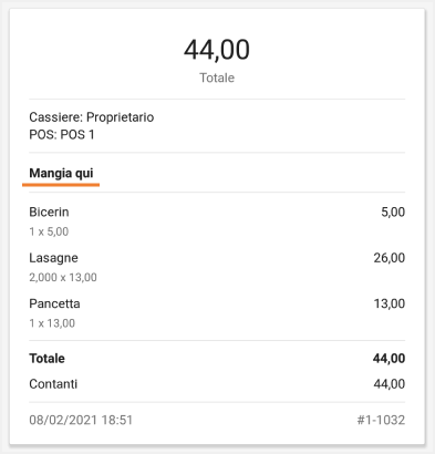 opzioni per la cena sulla ricevute cartacee