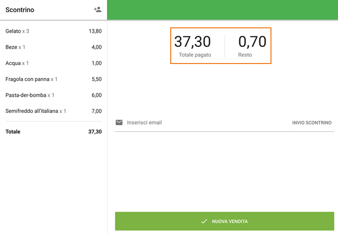 Totale pagato per la vendita e il Resto