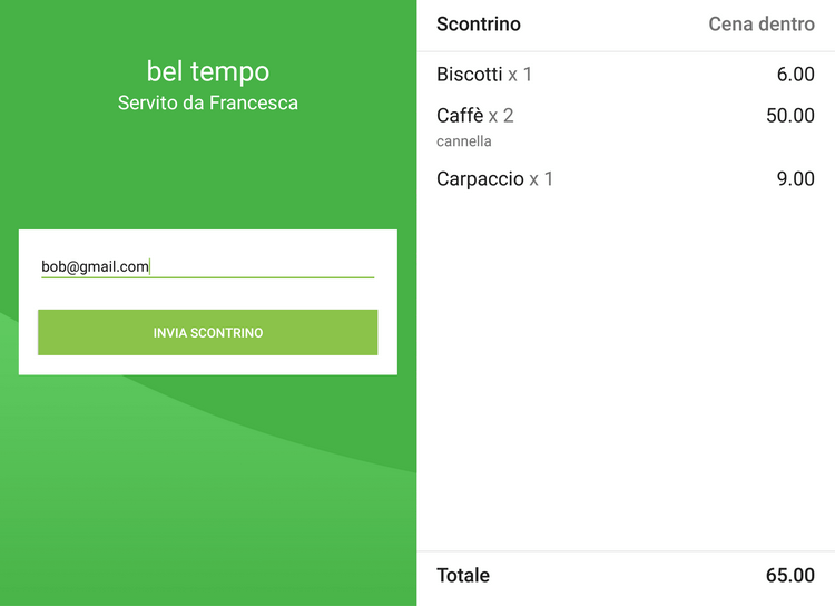 il cliente può compilare l'e-mail per ricevere la ricevuta elettronica