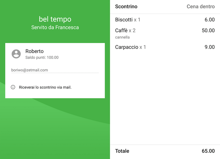  il nome di questo cliente, il saldo dei punti bonus e l'e-mail