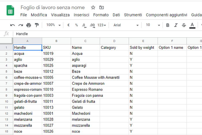 file CSV aperto correttamente in una tabella