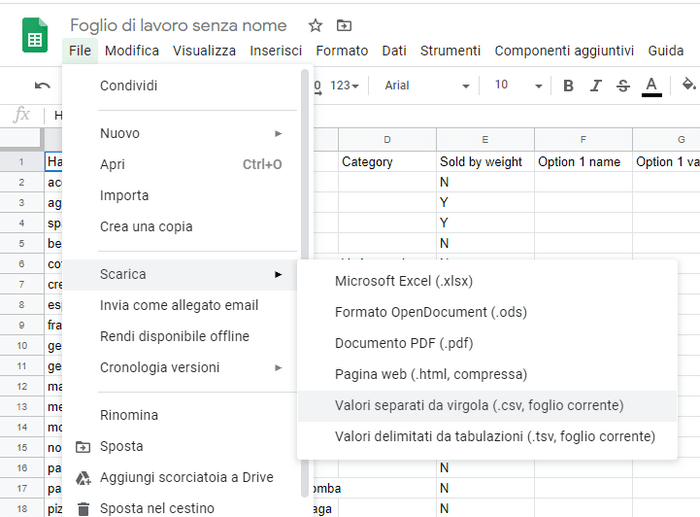 'Scarica' e fai clic sul pulsante 'Valori separati da virgola'