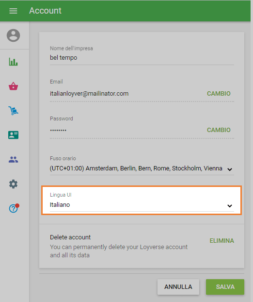 Impostazioni dell 'account