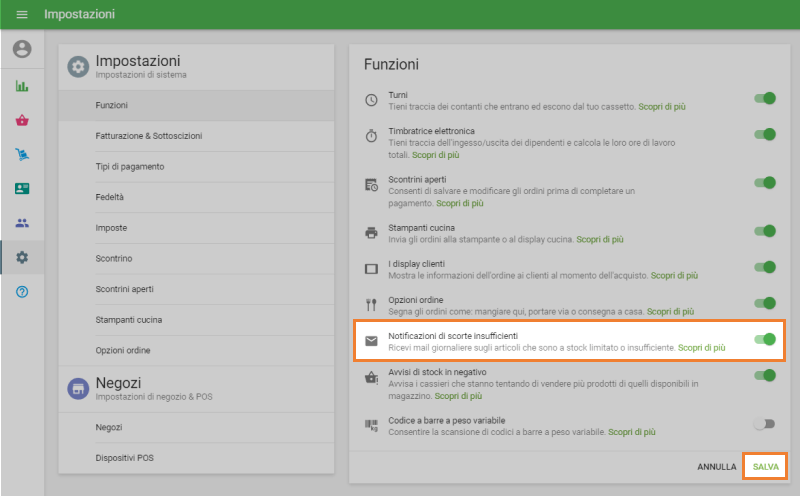 L'opzione 'Notifiche di stock in esaurimento'