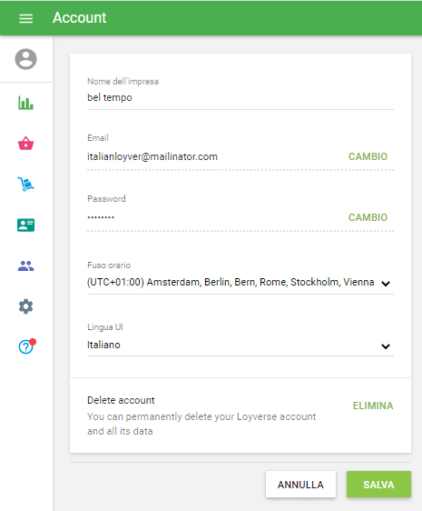 modulo del profilo dell'account