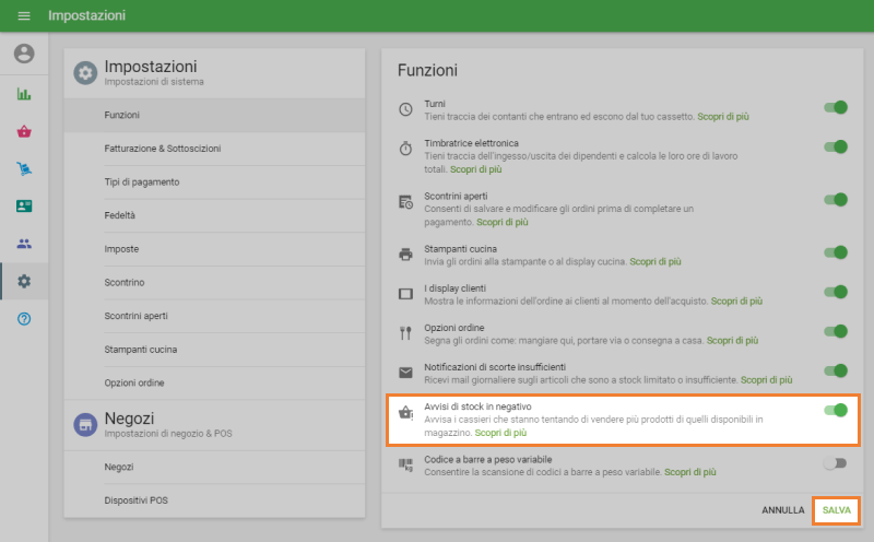 'Avvisi di stock in negativo'