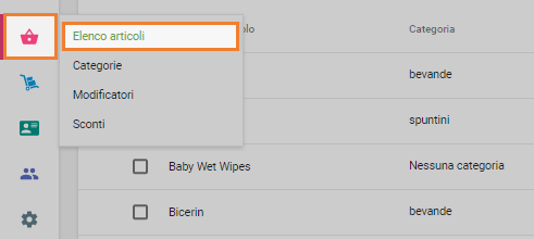 Elenco articoli nel back office