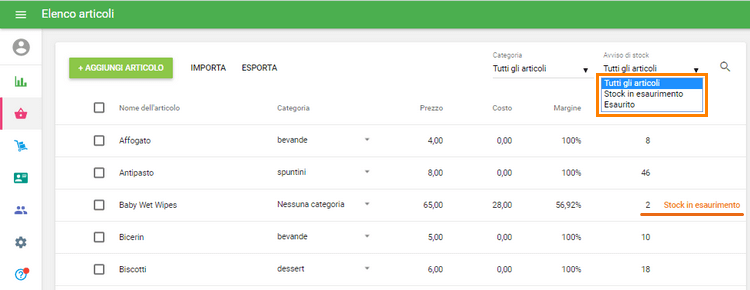 il filtro 'Avviso di stock'