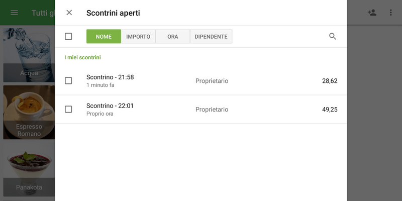 L'elenco dei scontrini aperti