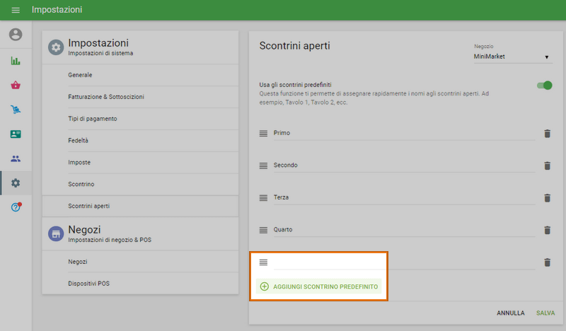 Aggiungi scontrino predefinito