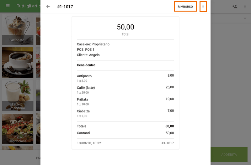 Rimborsa ricevuta selezionata
