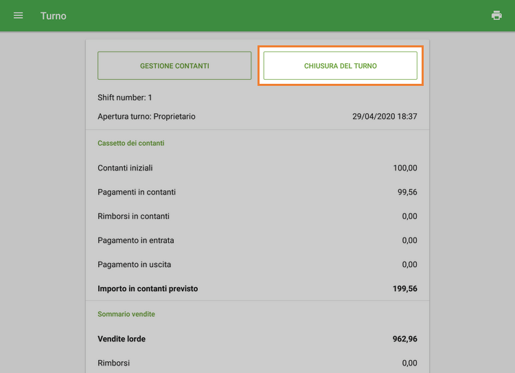 il pulsante 'Chiusura del turno'
