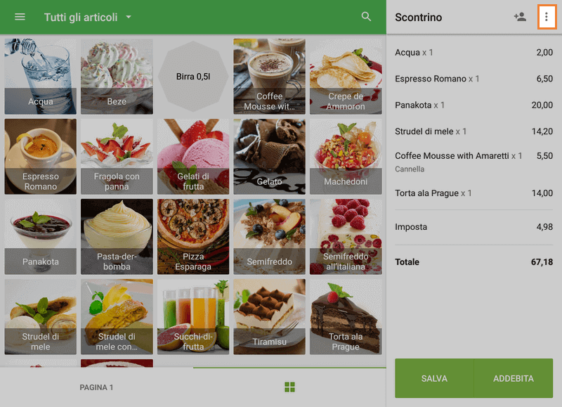 seleziona 'Separa scontrino' nel menu a tre punti
