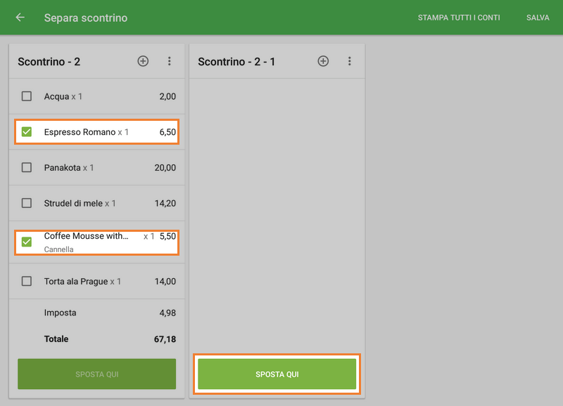 sei arrivato alla schermata 'Separa scontrino'